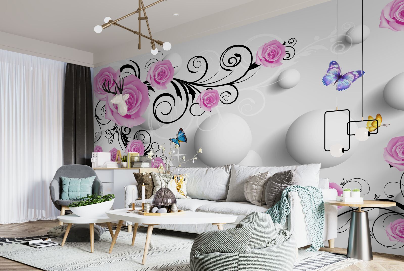 Фотошпалери кольорові троянди на 3d тлі з кульок