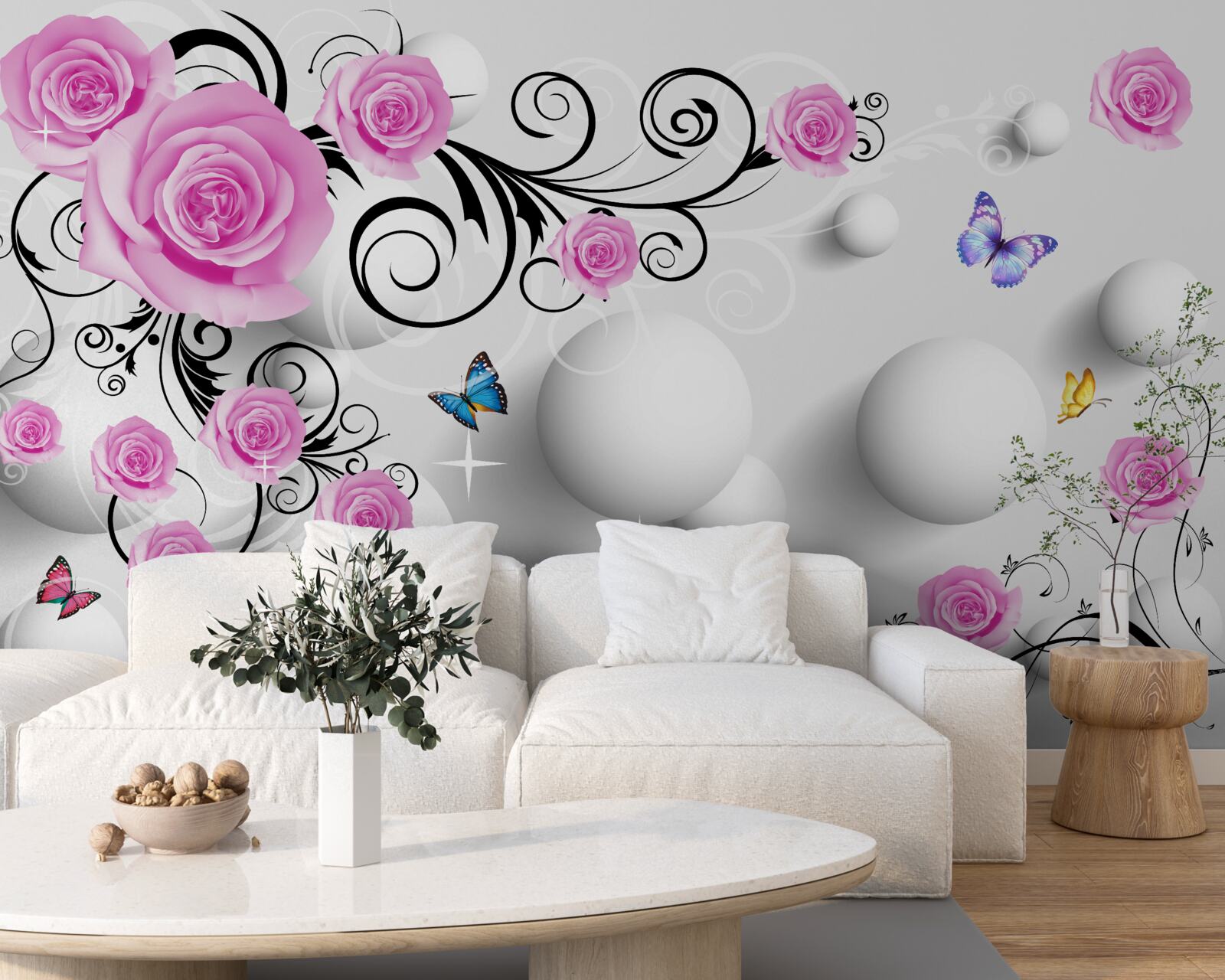 Фотошпалери кольорові троянди на 3d тлі з кульок