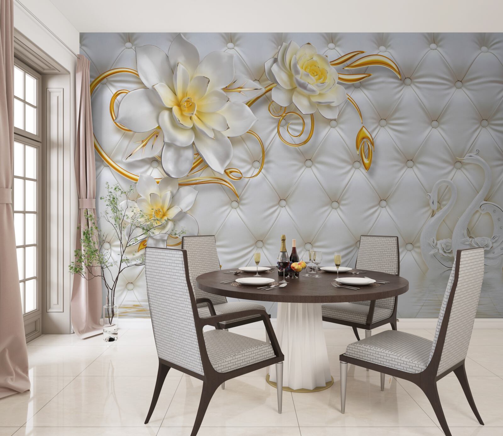 Фотошпалери текстура білої тканини та квіти