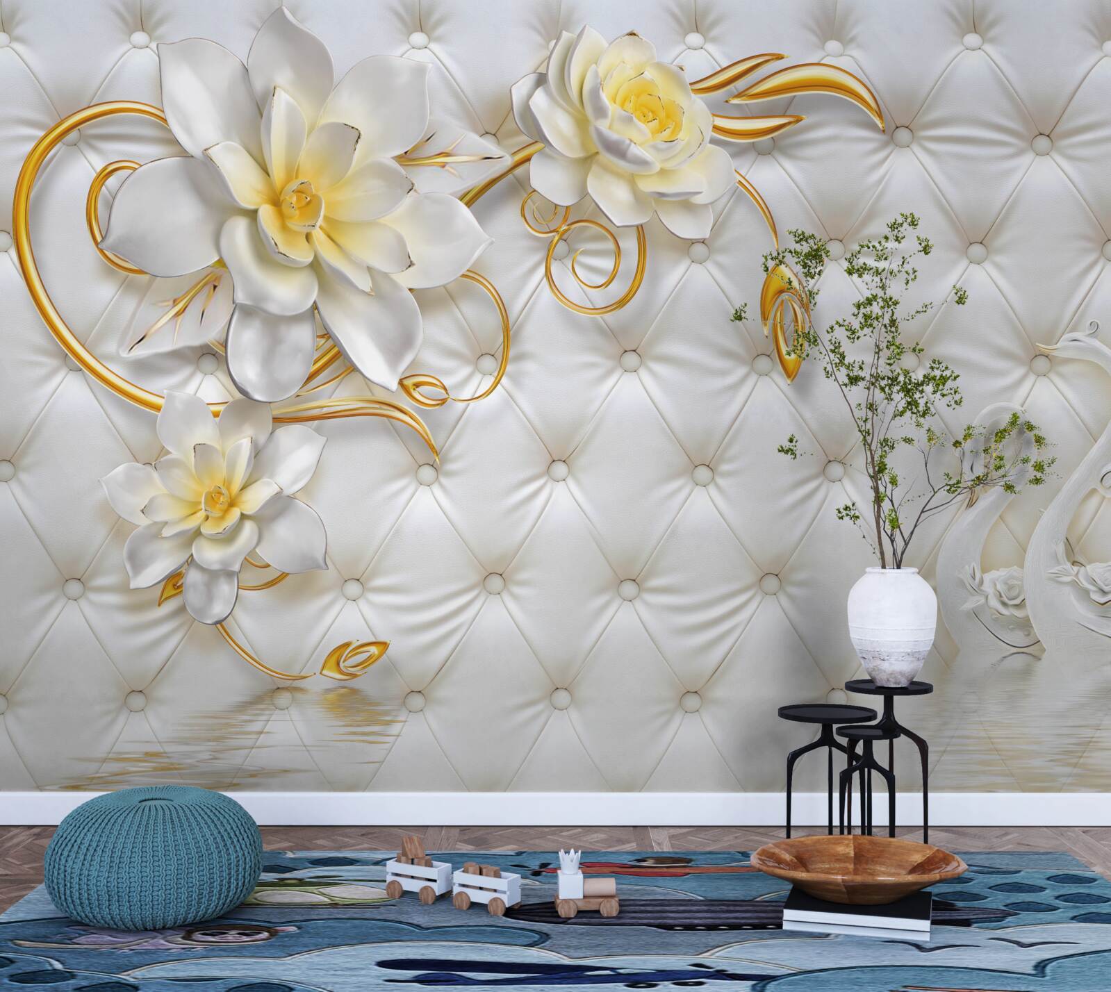 Фотошпалери текстура білої тканини та квіти