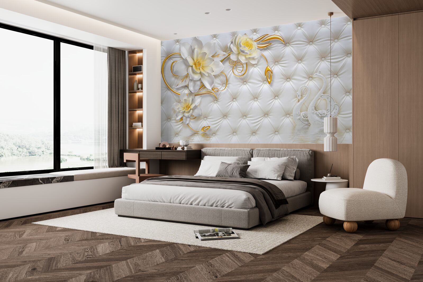 Фотошпалери текстура білої тканини та квіти