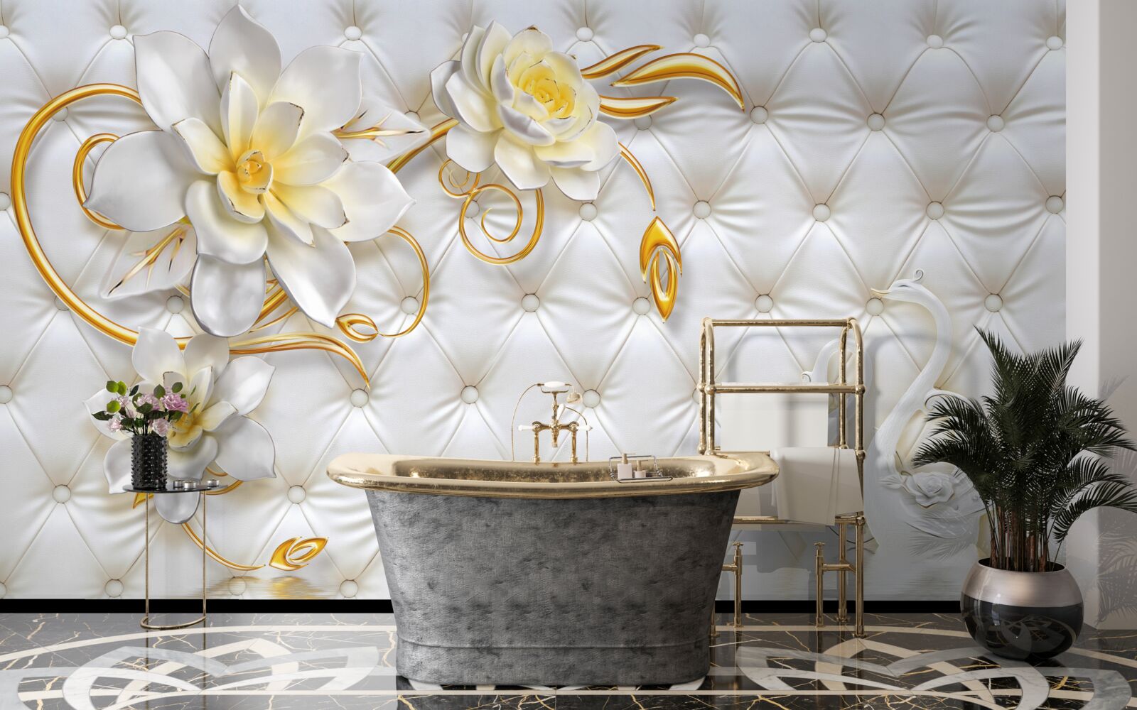 Фотошпалери текстура білої тканини та квіти