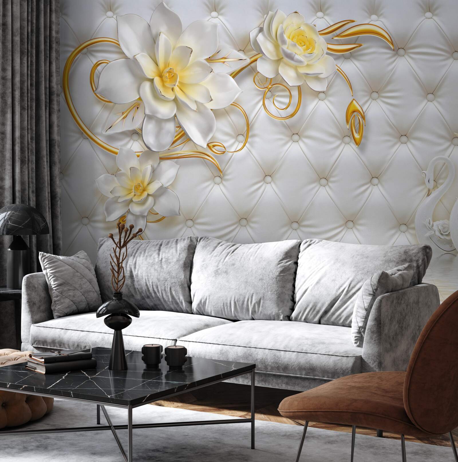 Фотошпалери текстура білої тканини та квіти