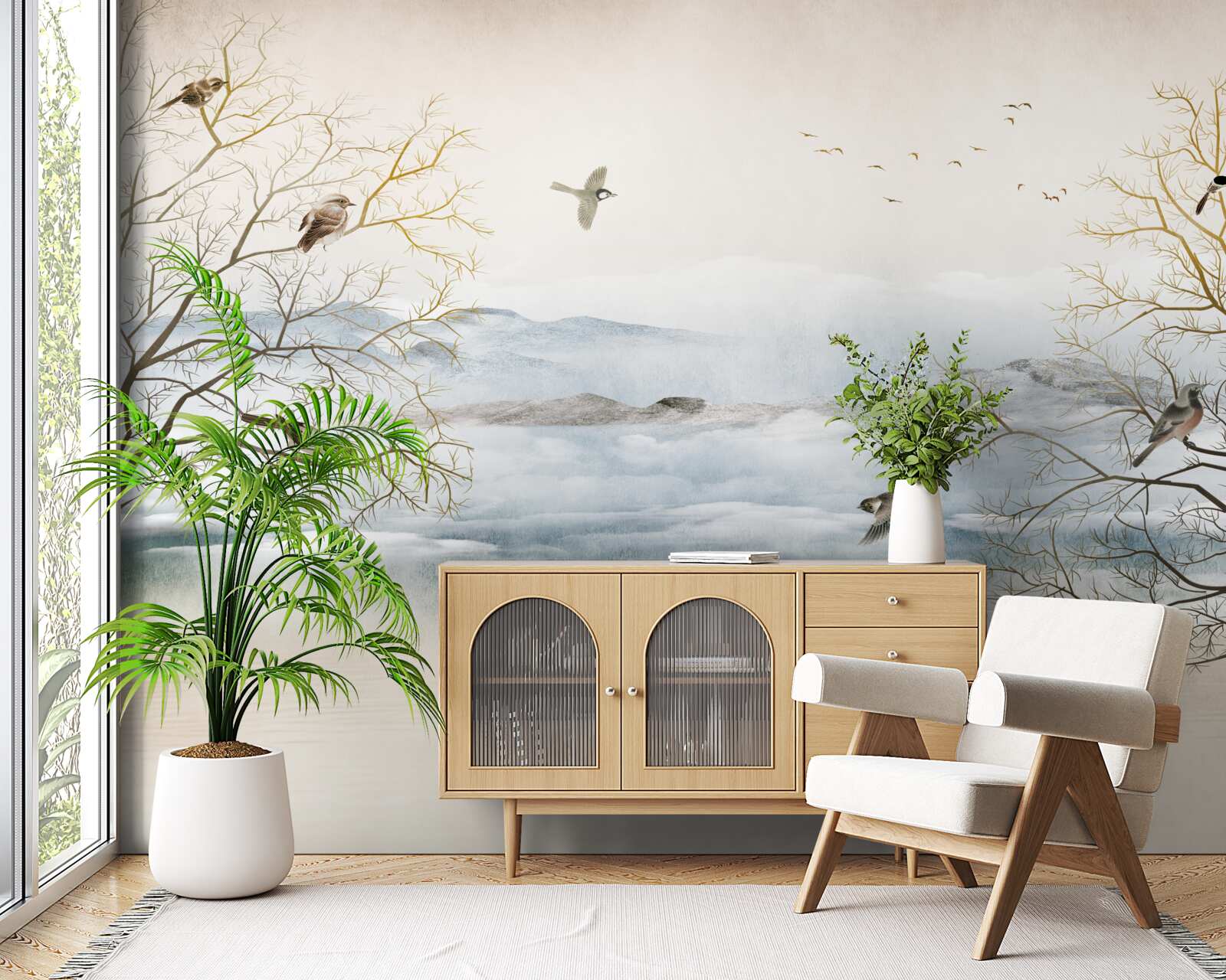 Фотошпалери ранковий туман і спів птахів