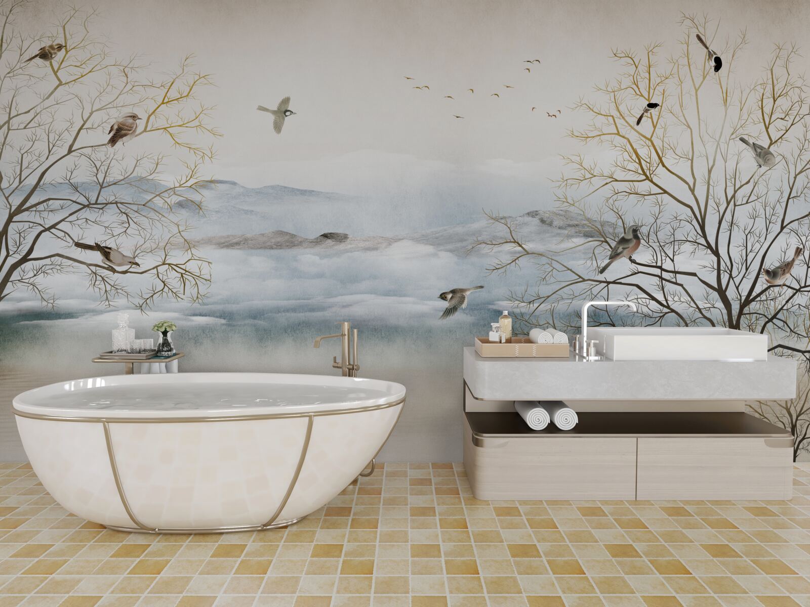 Фотошпалери ранковий туман і спів птахів