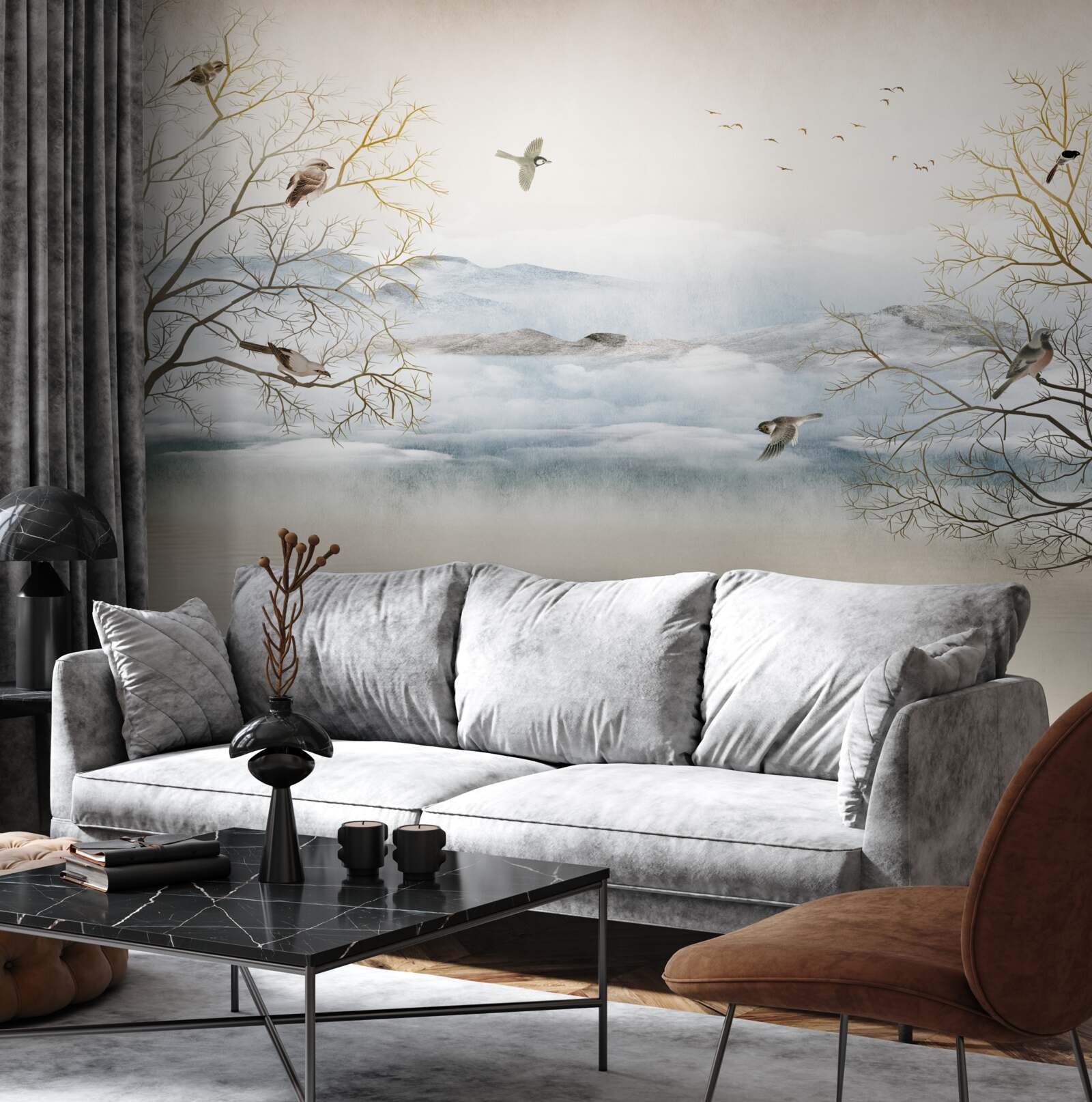 Фотошпалери ранковий туман і спів птахів