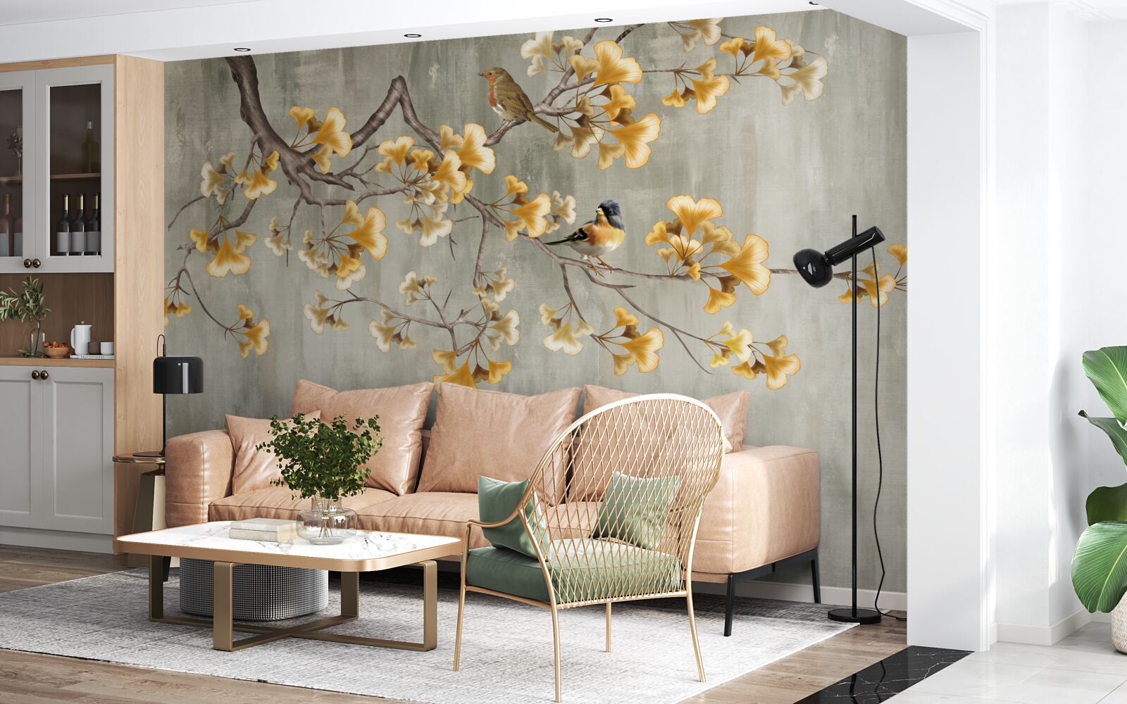 Фотошпалери птахи та гілка з жовтими квітами