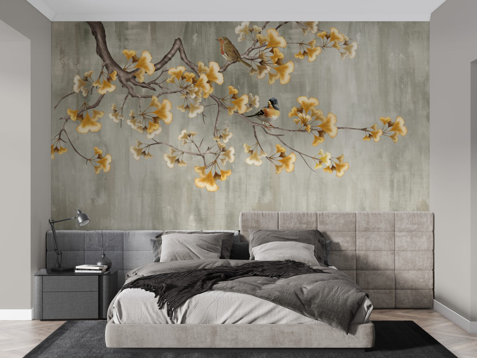 Фотошпалери птахи та гілка з жовтими квітами