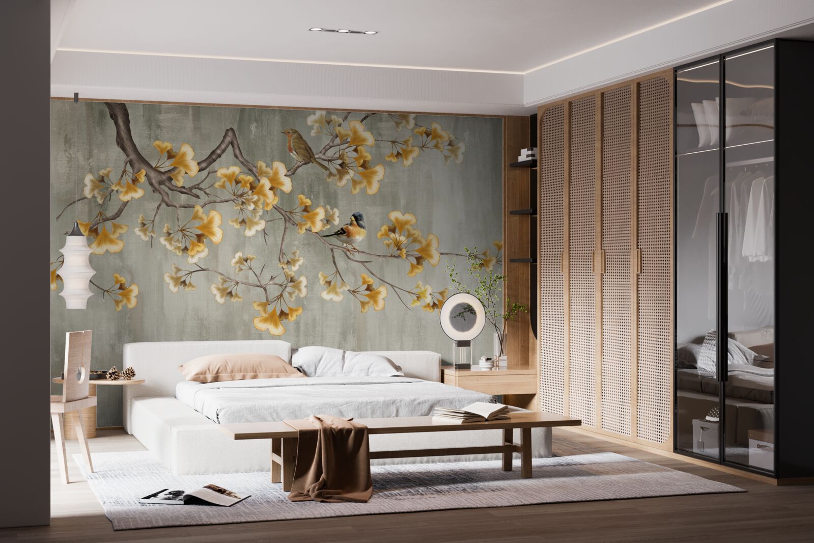 Фотошпалери птахи та гілка з жовтими квітами