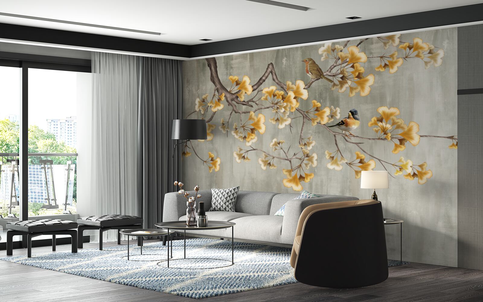 Фотошпалери птахи та гілка з жовтими квітами