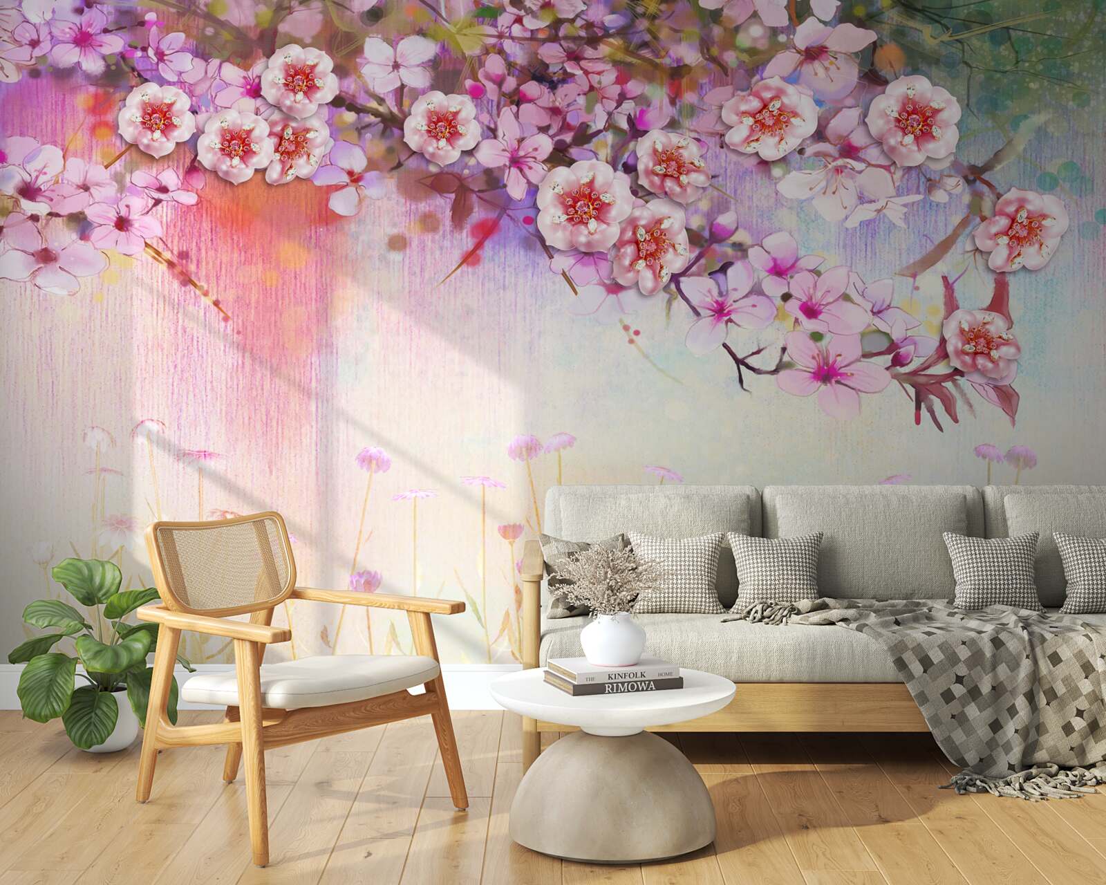 Фотошпалери над полем простягається розкішна квіткова гілка