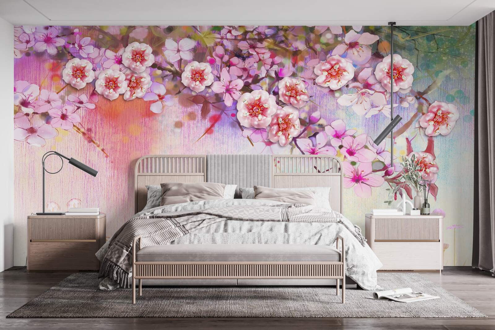 Фотошпалери над полем простягається розкішна квіткова гілка