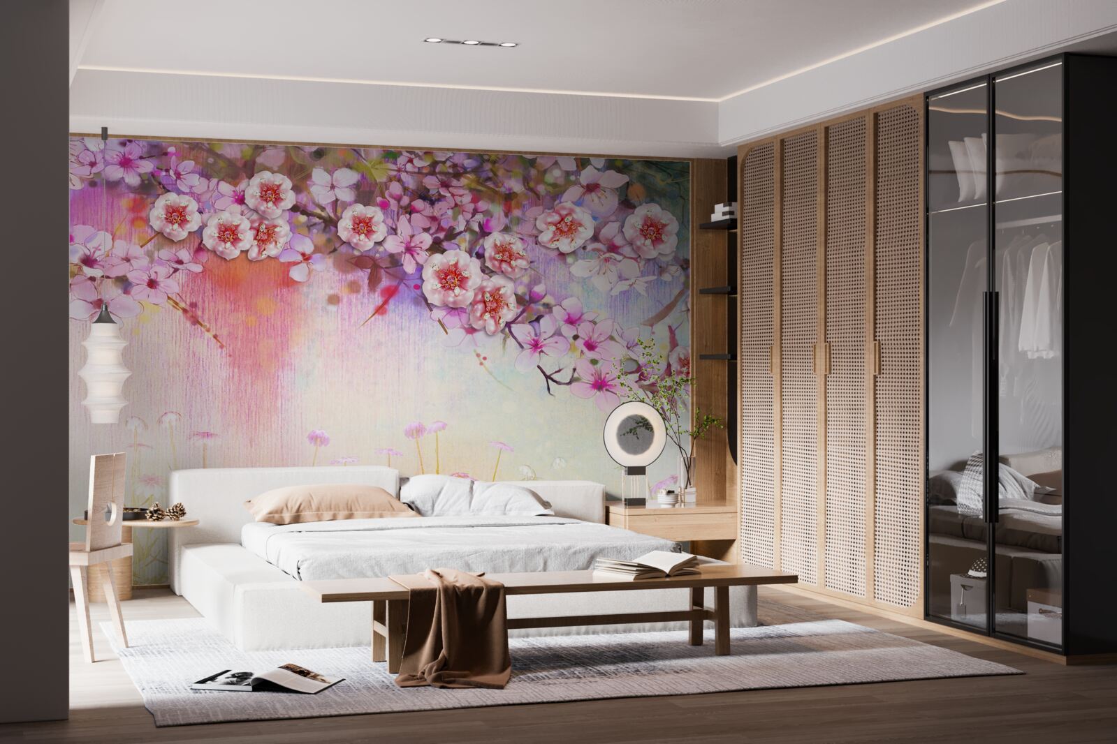 Фотошпалери над полем простягається розкішна квіткова гілка