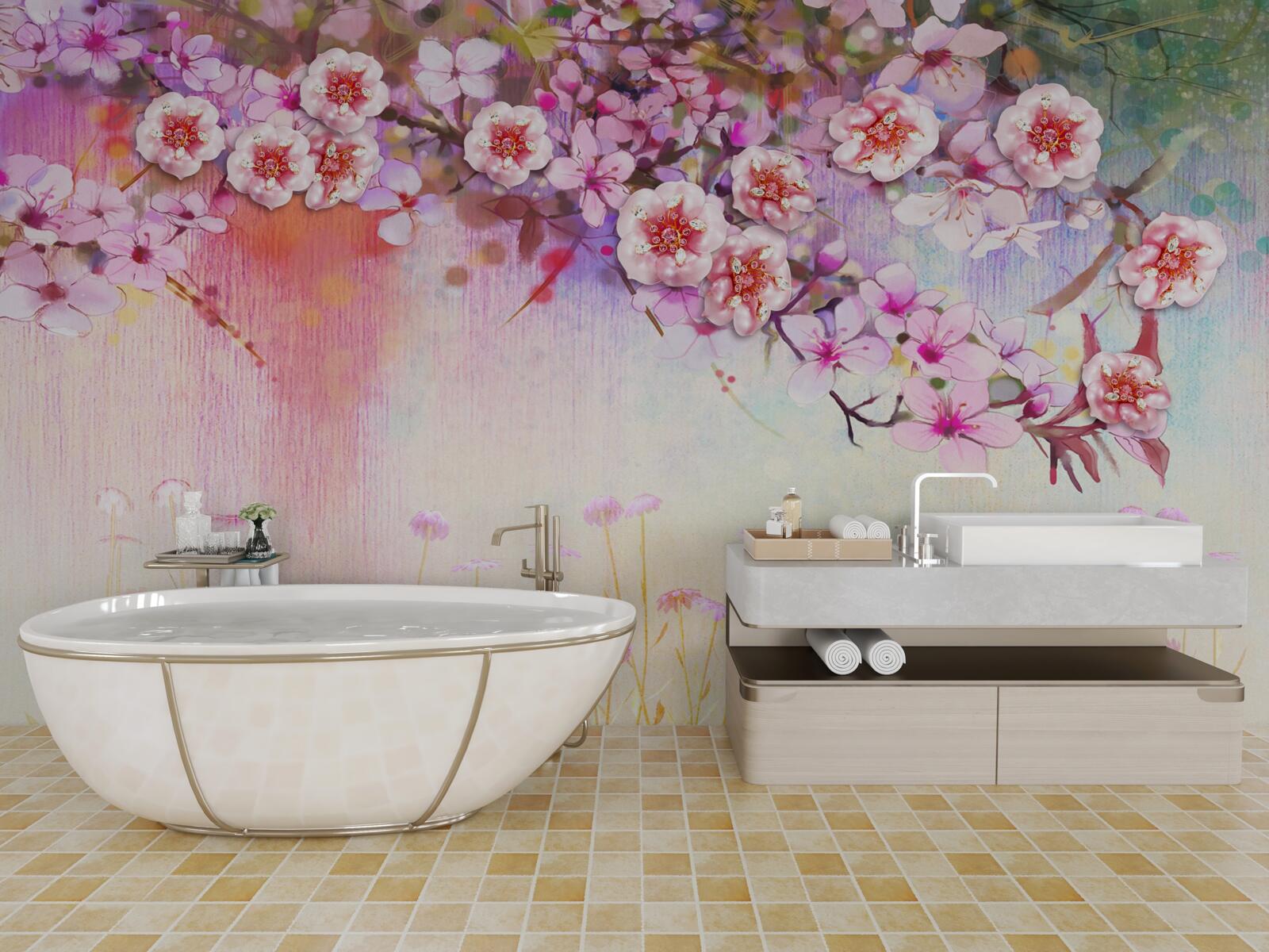 Фотошпалери над полем простягається розкішна квіткова гілка