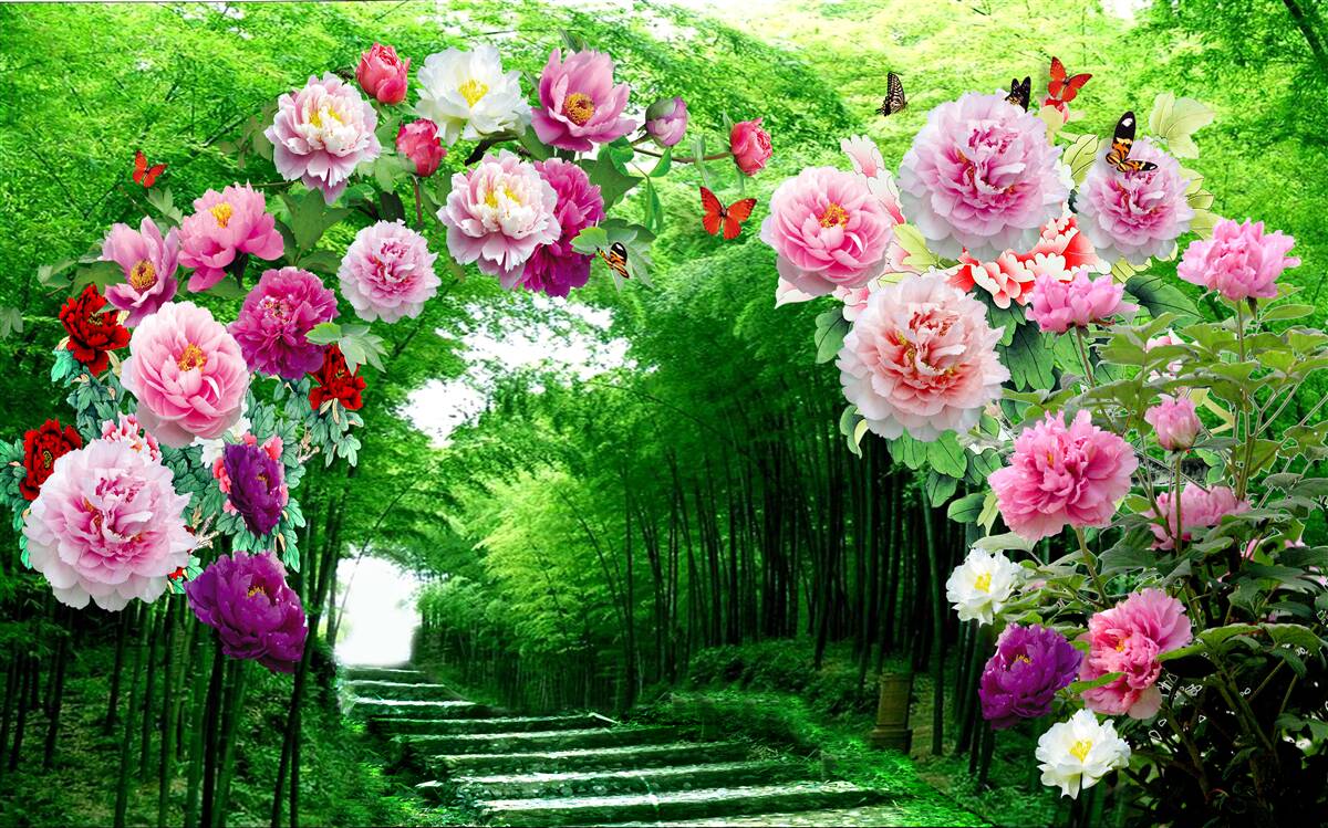 Фотошпалери квіти та лисиці із зеленого бамбука