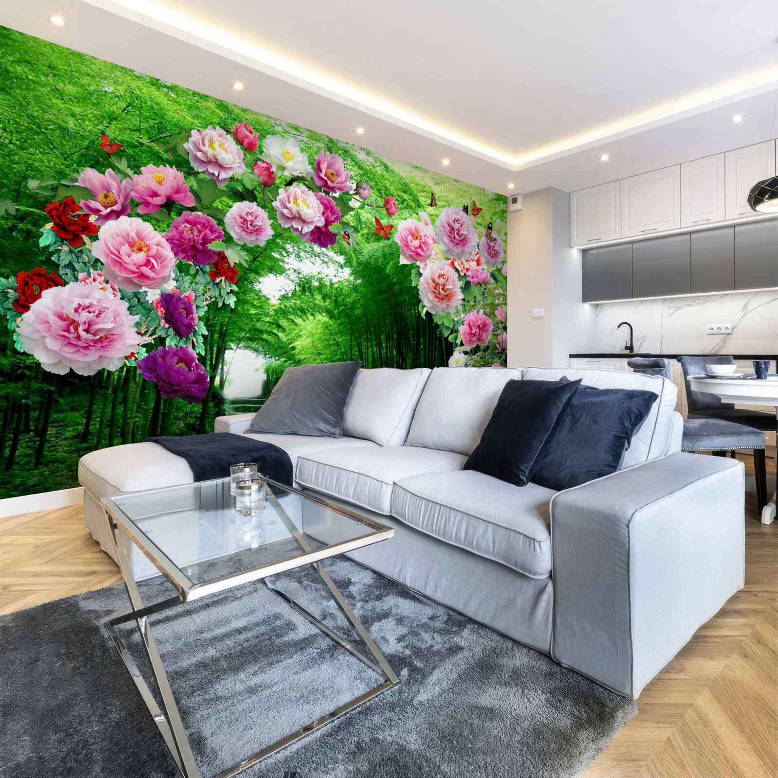 Фотошпалери квіти та лисиці із зеленого бамбука