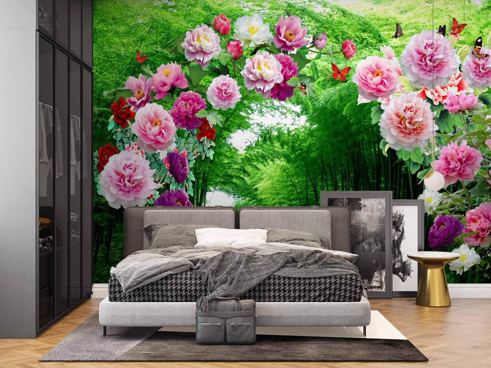 Фотошпалери квіти та лисиці із зеленого бамбука