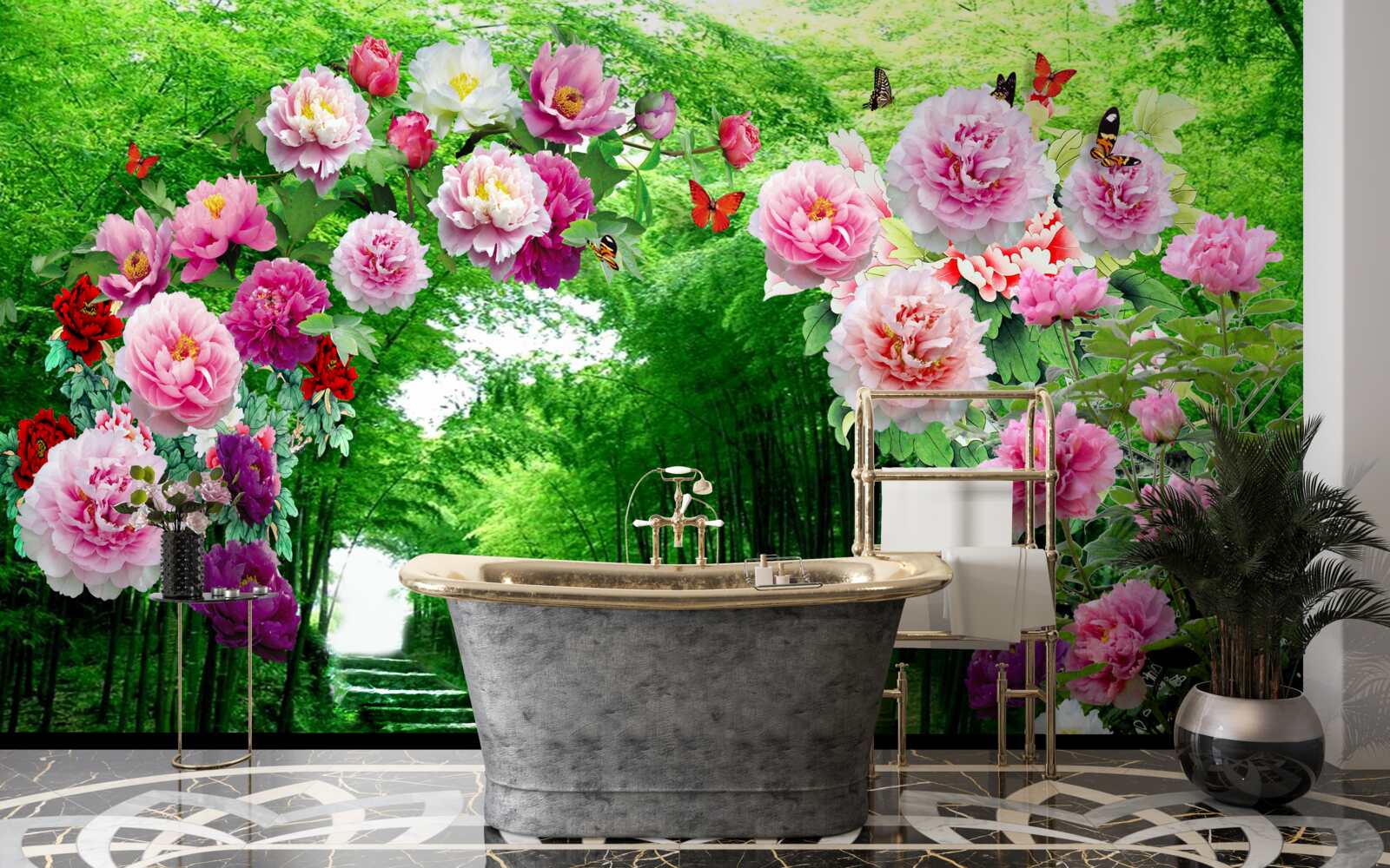 Фотошпалери квіти та лисиці із зеленого бамбука