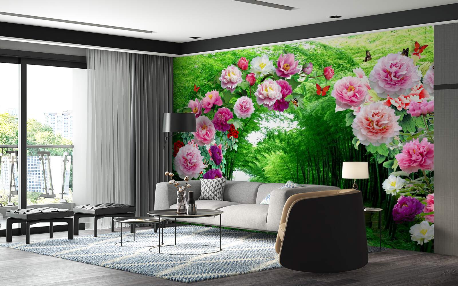 Фотошпалери квіти та лисиці із зеленого бамбука