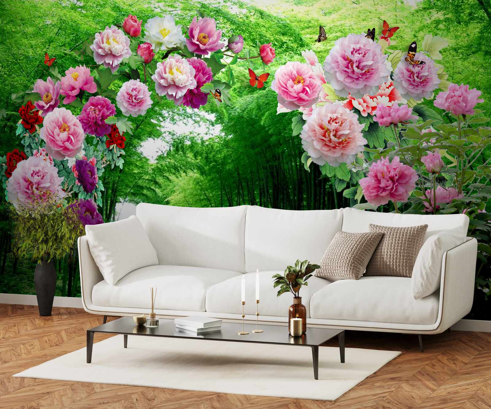 Фотошпалери квіти та лисиці із зеленого бамбука