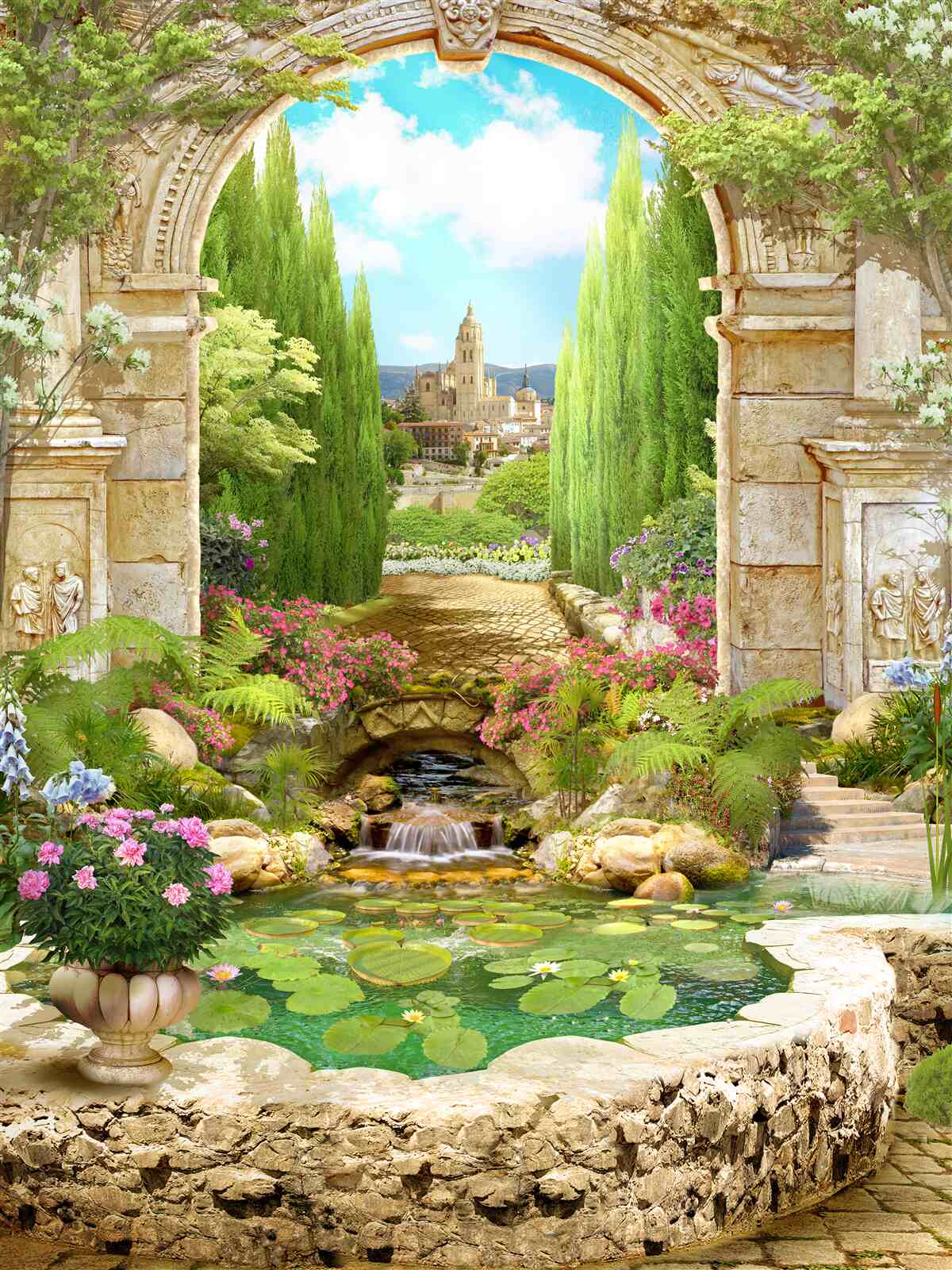 Фотошпалери стара кам'яна арка, оточена зеленню