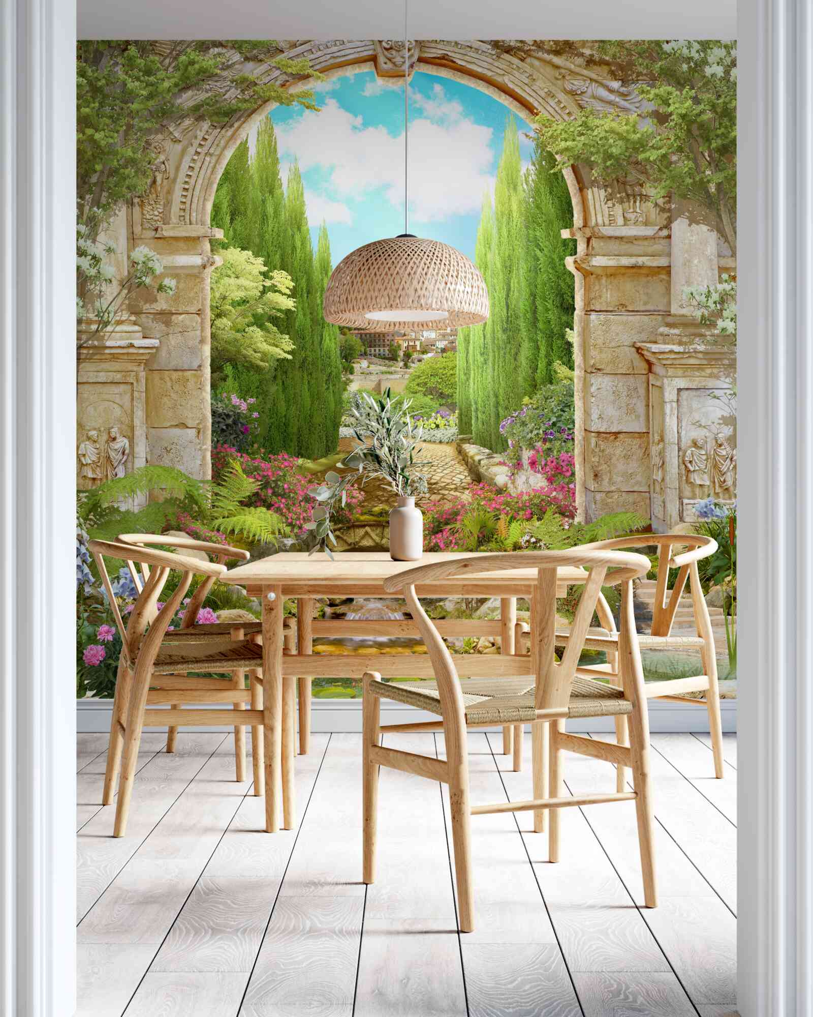 Фотошпалери стара кам'яна арка, оточена зеленню