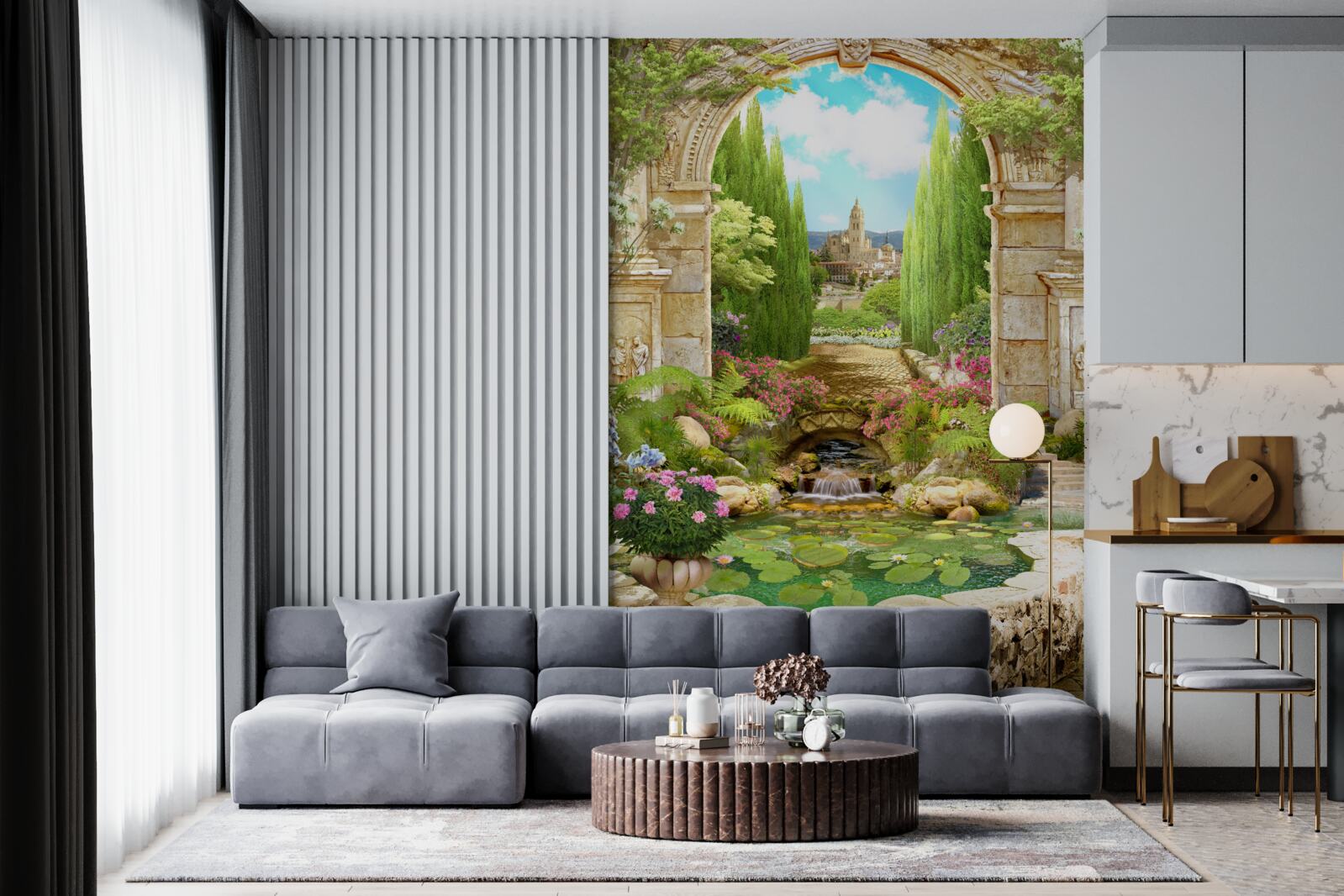 Фотошпалери стара кам'яна арка, оточена зеленню