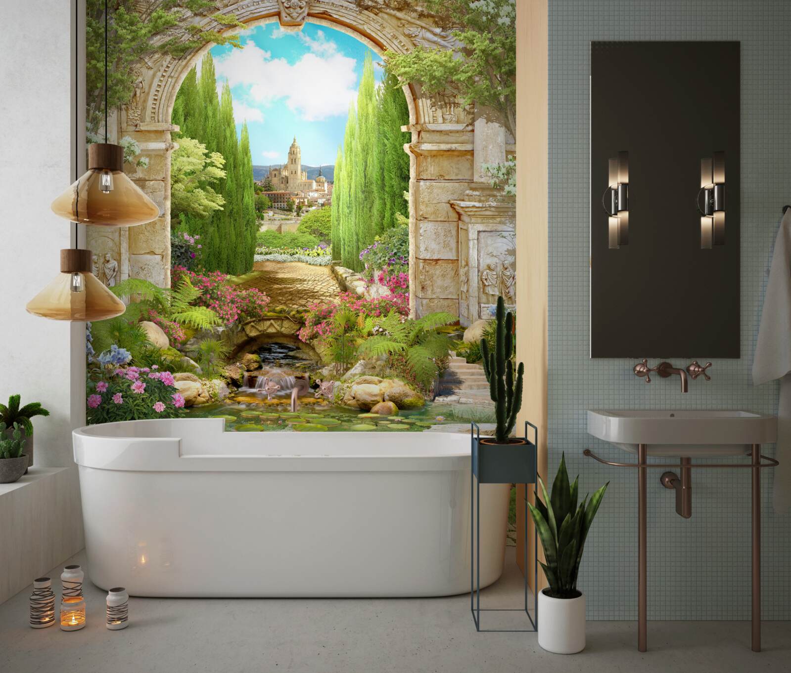 Фотошпалери стара кам'яна арка, оточена зеленню