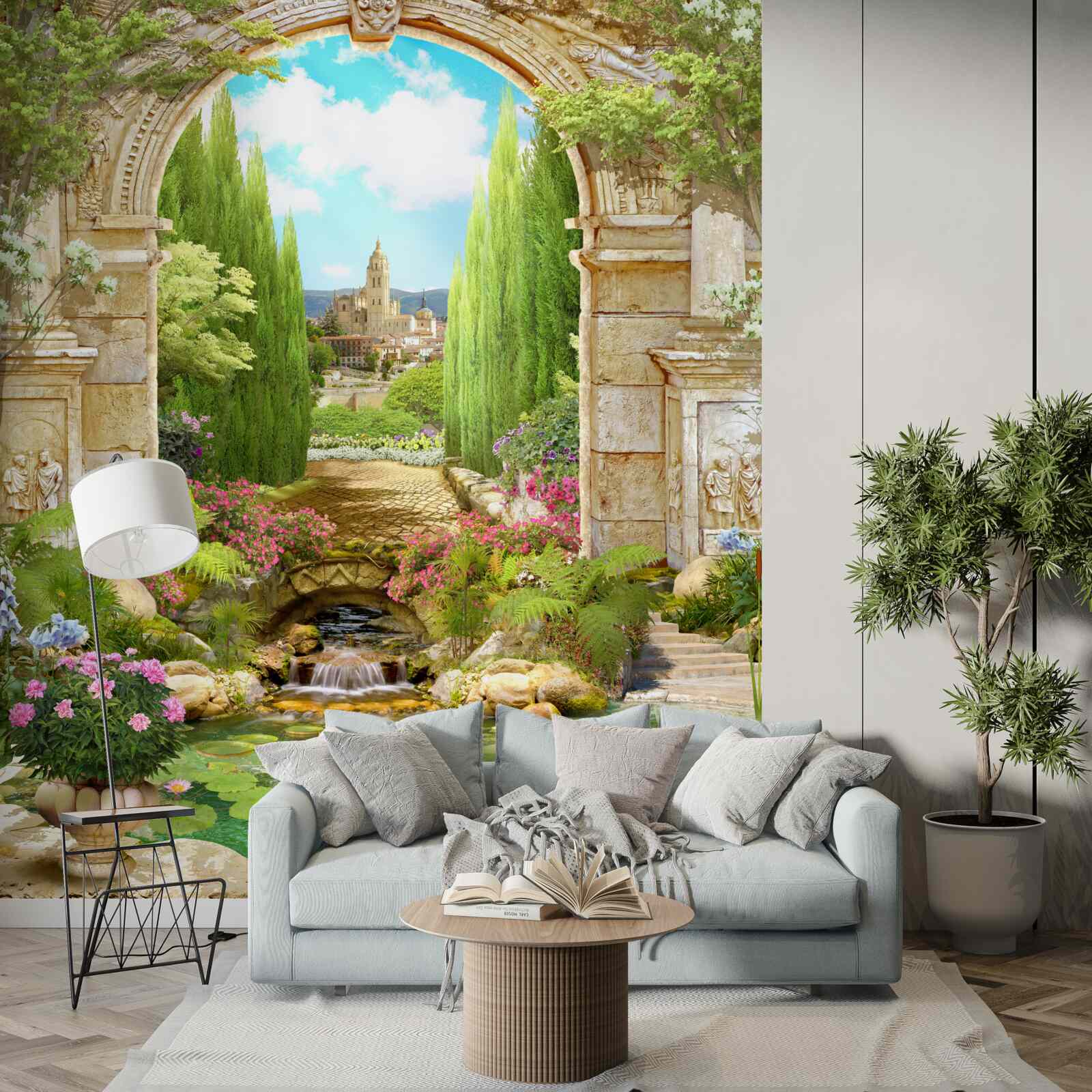 Фотошпалери стара кам'яна арка, оточена зеленню