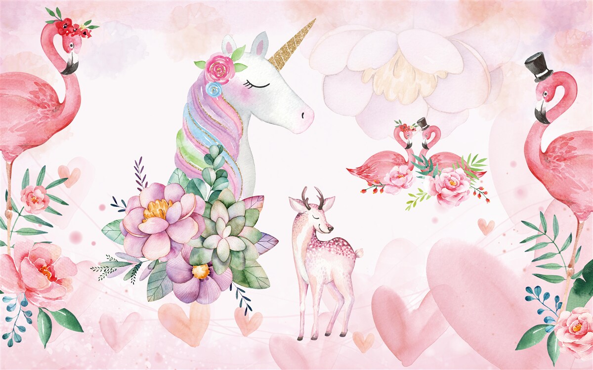 Фотошпалери рожеві тварини, прикрашені квітами