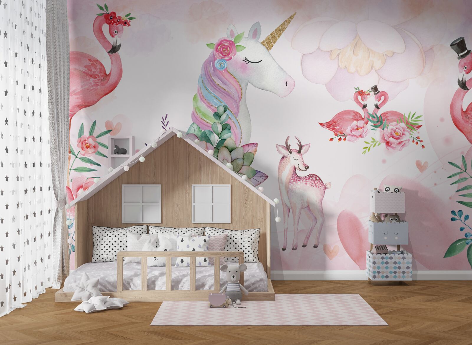 Фотошпалери рожеві тварини, прикрашені квітами