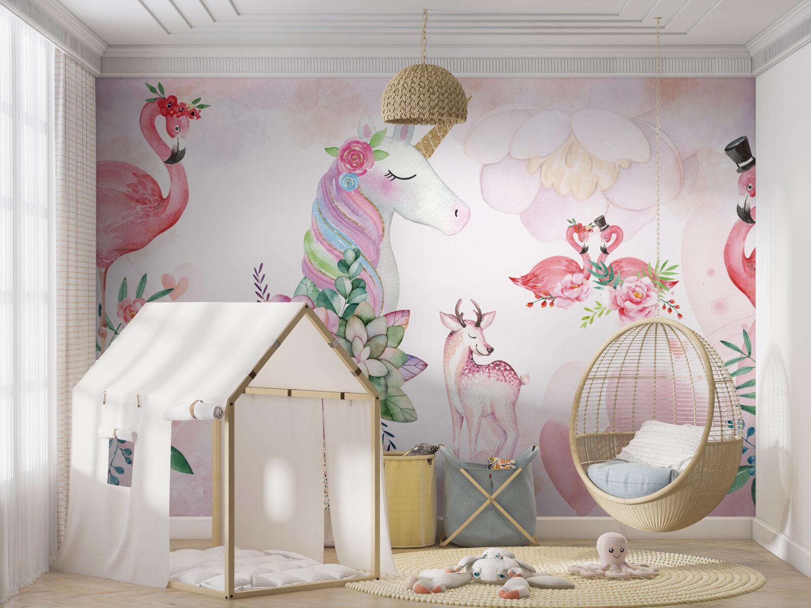 Фотошпалери рожеві тварини, прикрашені квітами