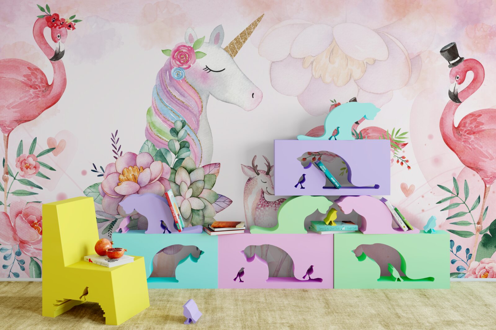 Фотошпалери рожеві тварини, прикрашені квітами