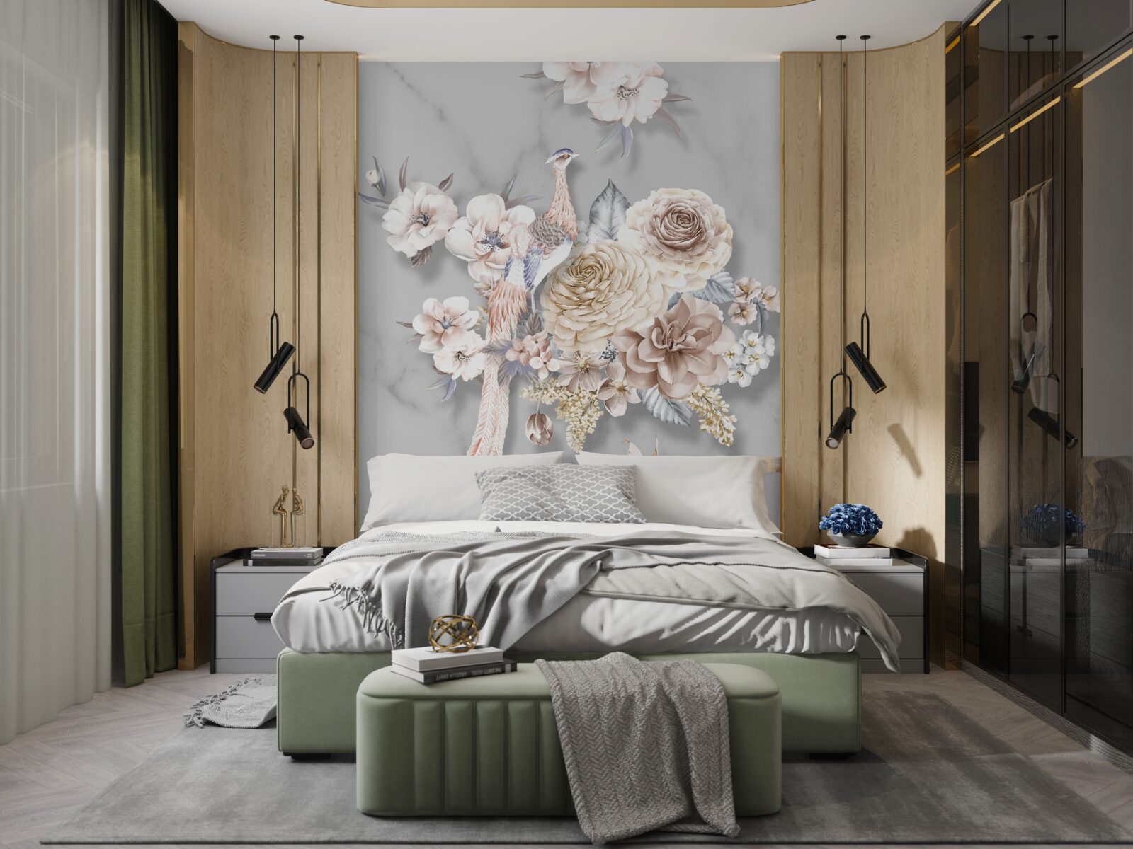 Фотошпалери квіткова композиція з павичем