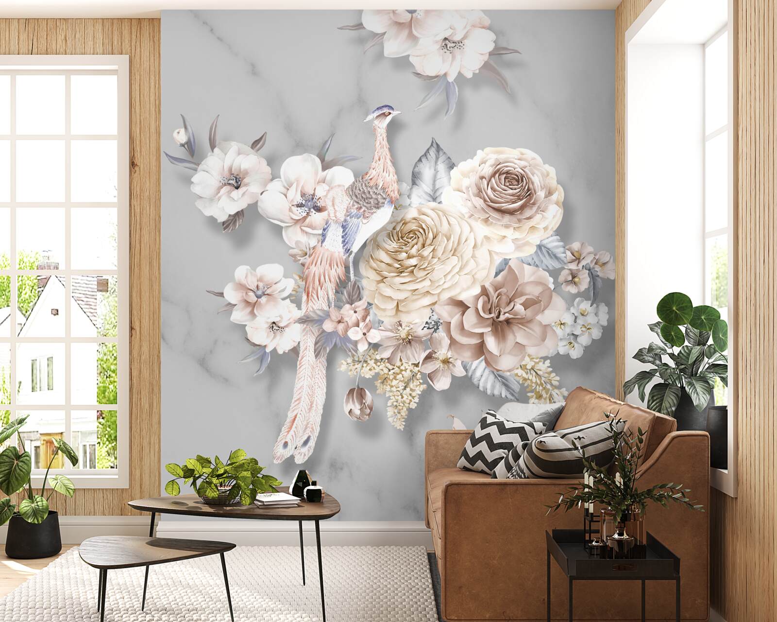 Фотошпалери квіткова композиція з павичем