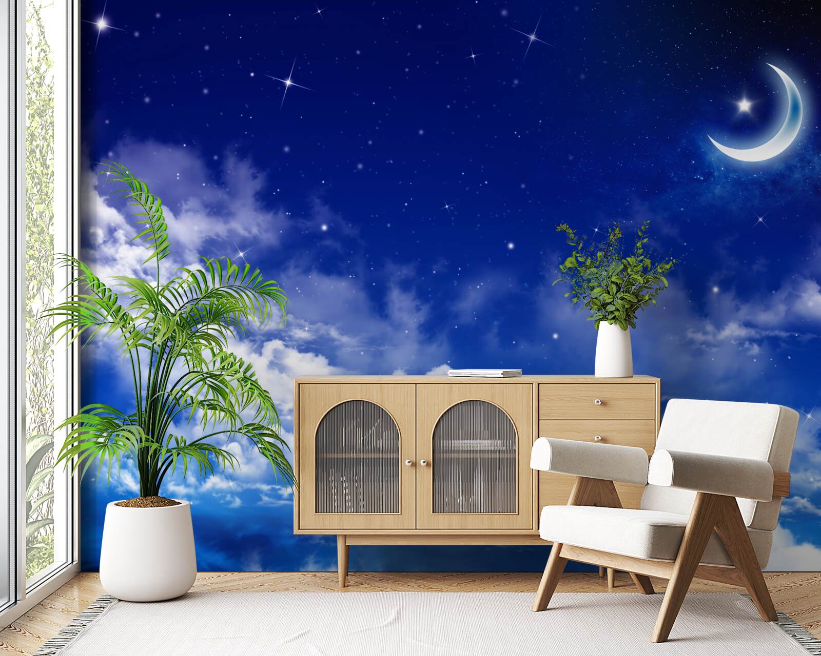 Фотошпалери ніч під місяцем і мерехтливими зірками