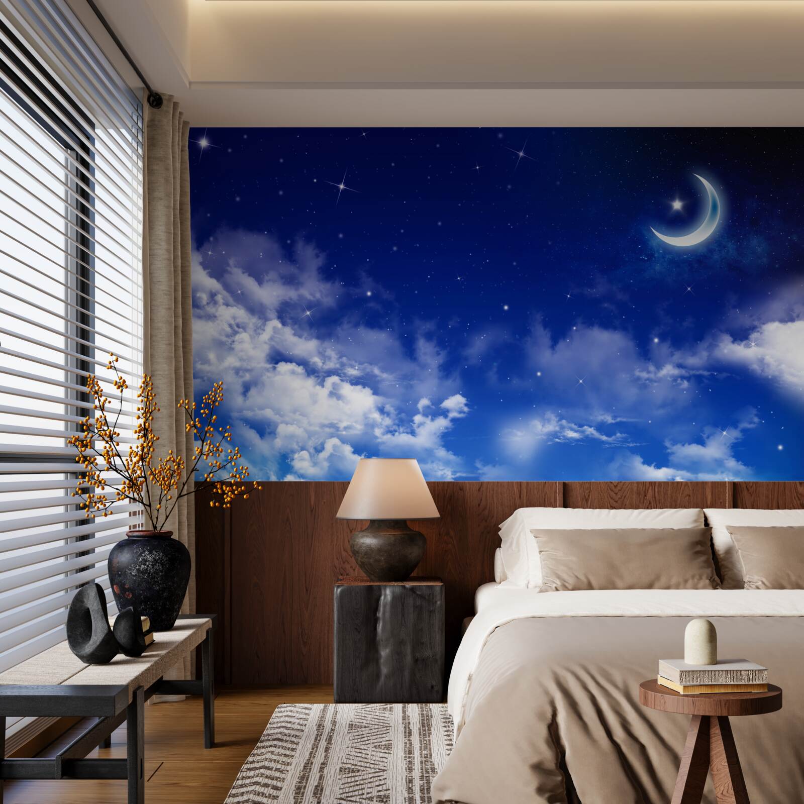 Фотошпалери ніч під місяцем і мерехтливими зірками