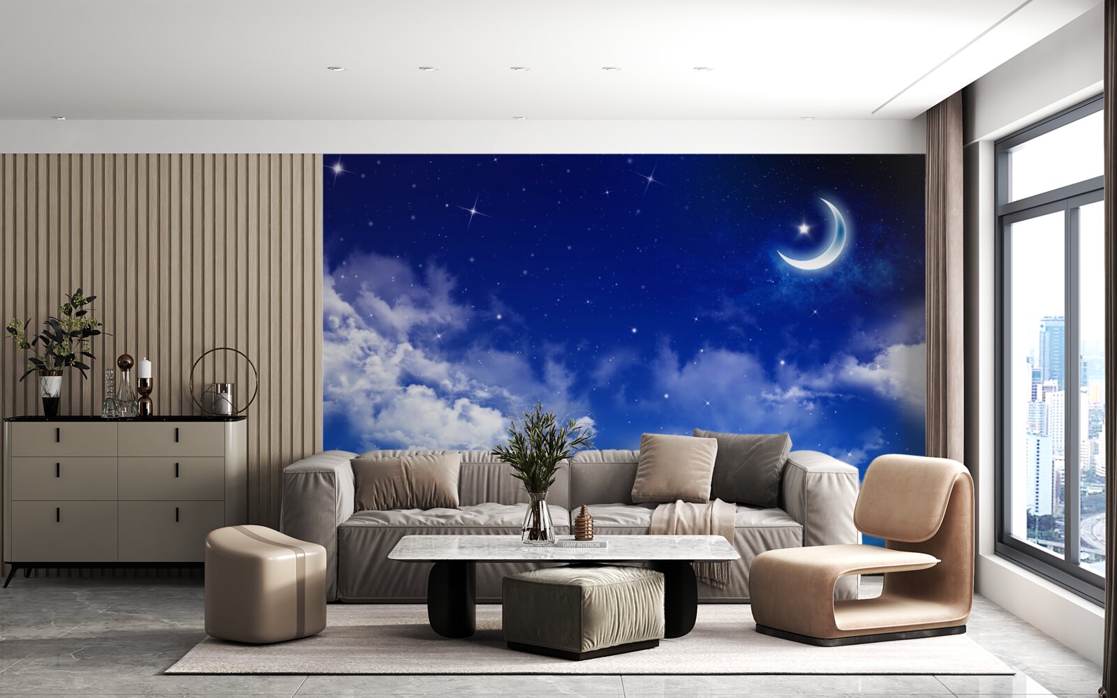 Фотошпалери ніч під місяцем і мерехтливими зірками