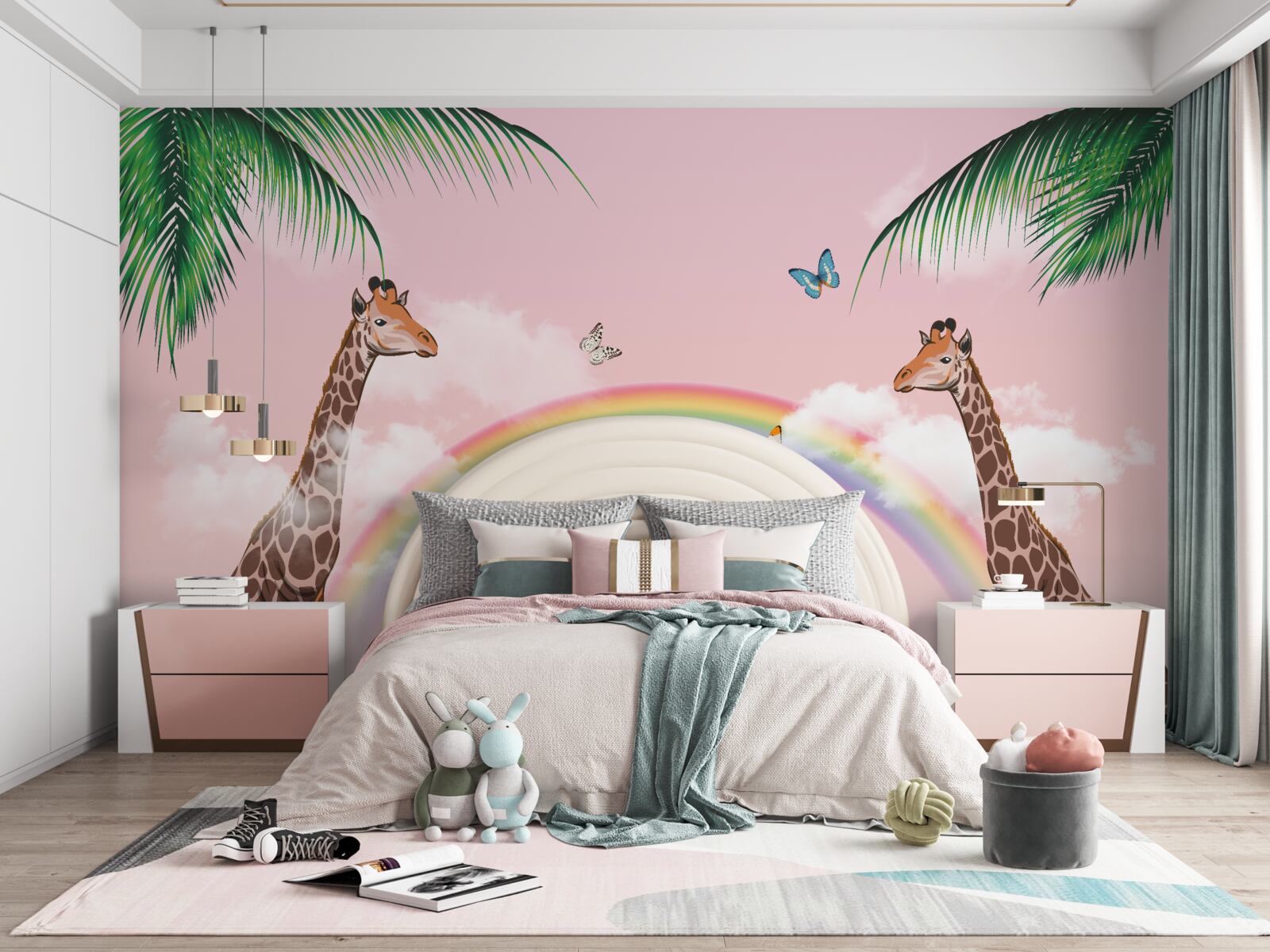 Фотошпалери два жирафи спостерігають за веселкою