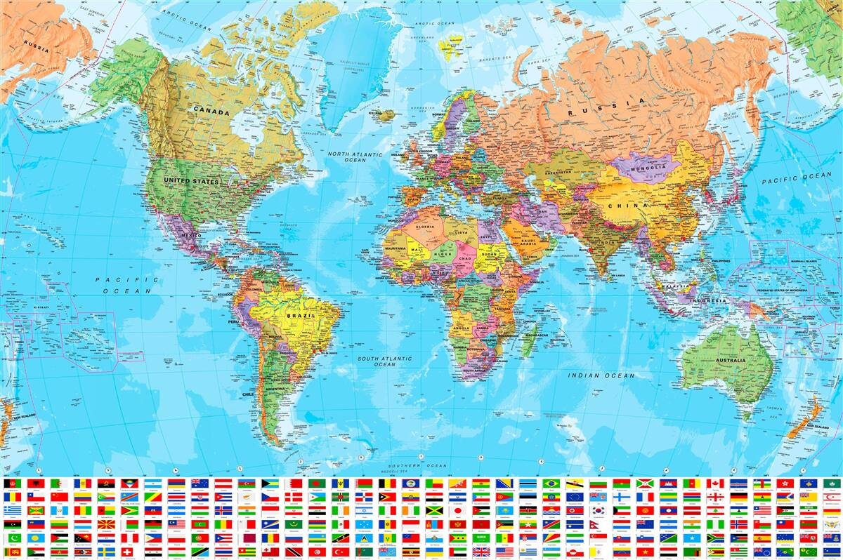 Фотошпалери карта світу з прапорами країн