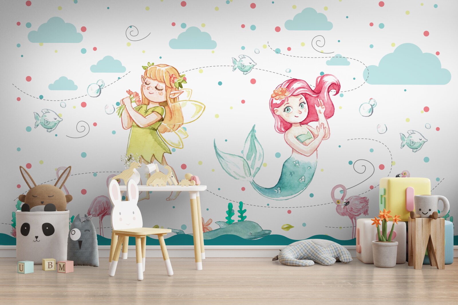 Фотошпалери біля води ростуть мальви та русалчине дерево