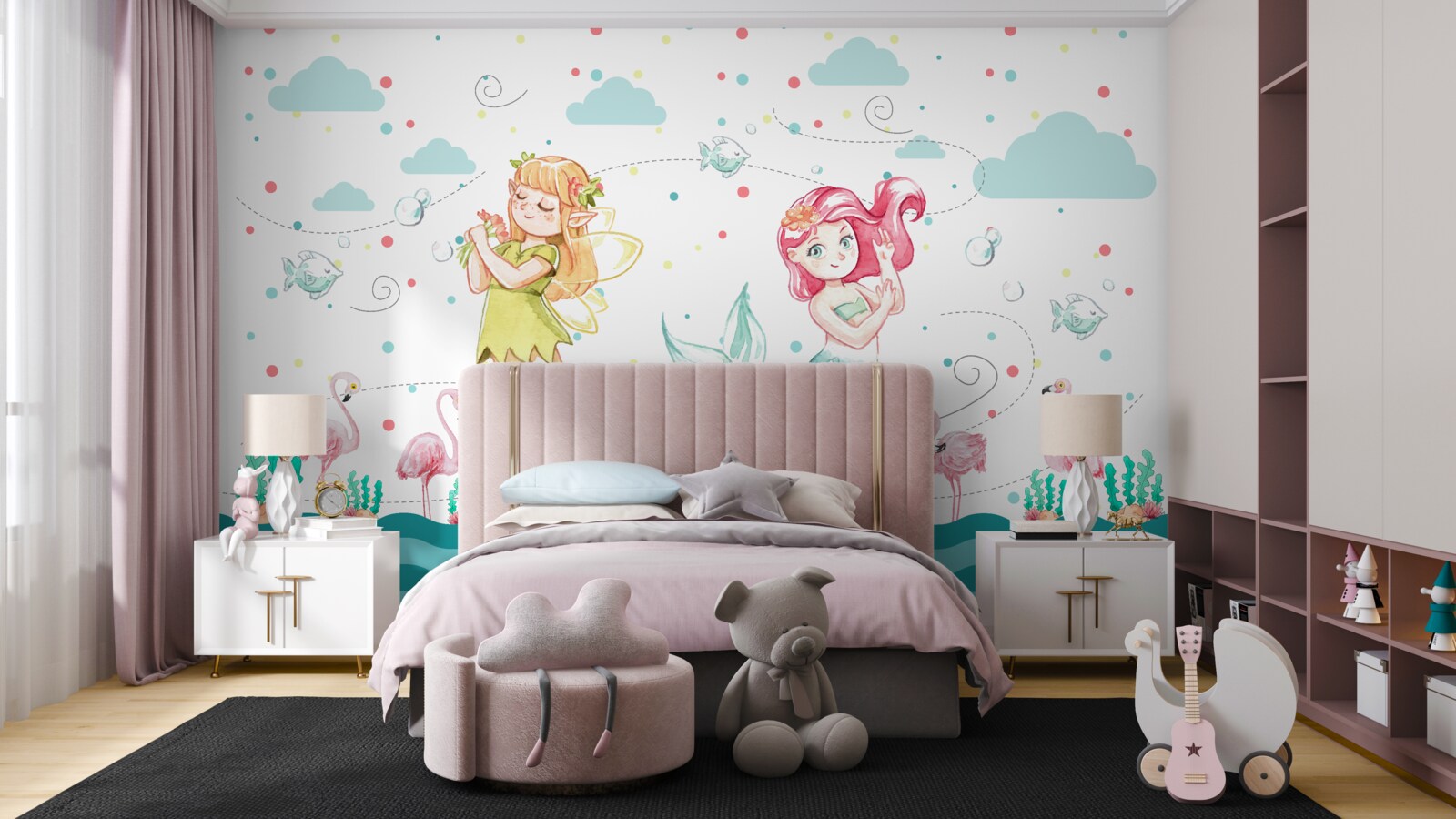 Фотошпалери біля води ростуть мальви та русалчине дерево