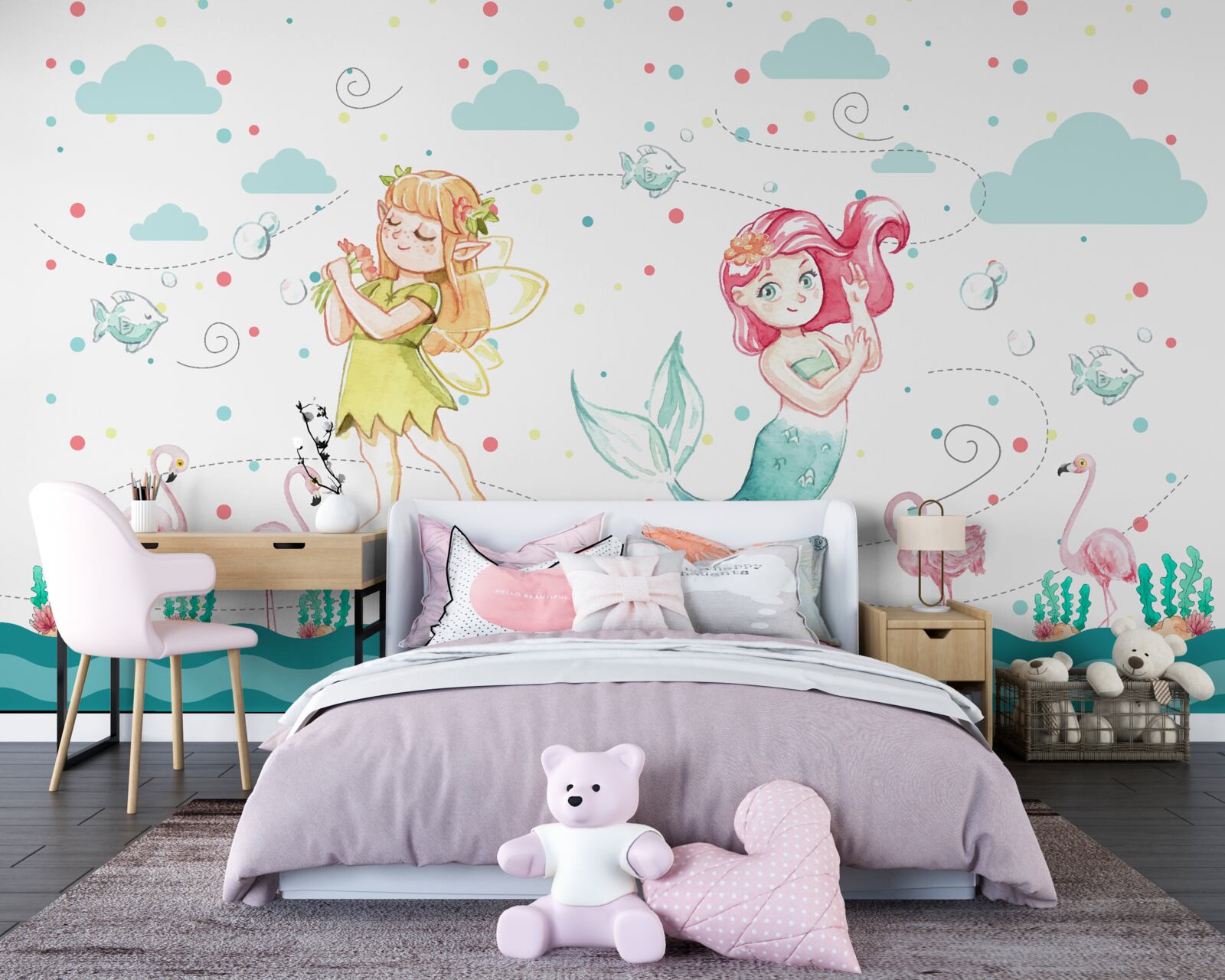 Фотошпалери біля води ростуть мальви та русалчине дерево