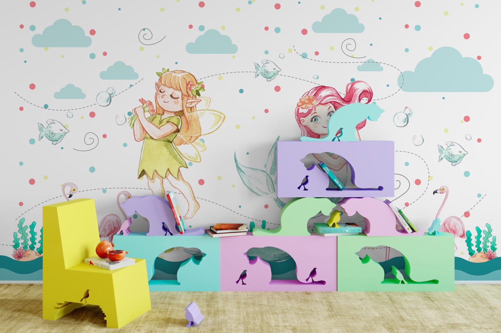 Фотошпалери біля води ростуть мальви та русалчине дерево