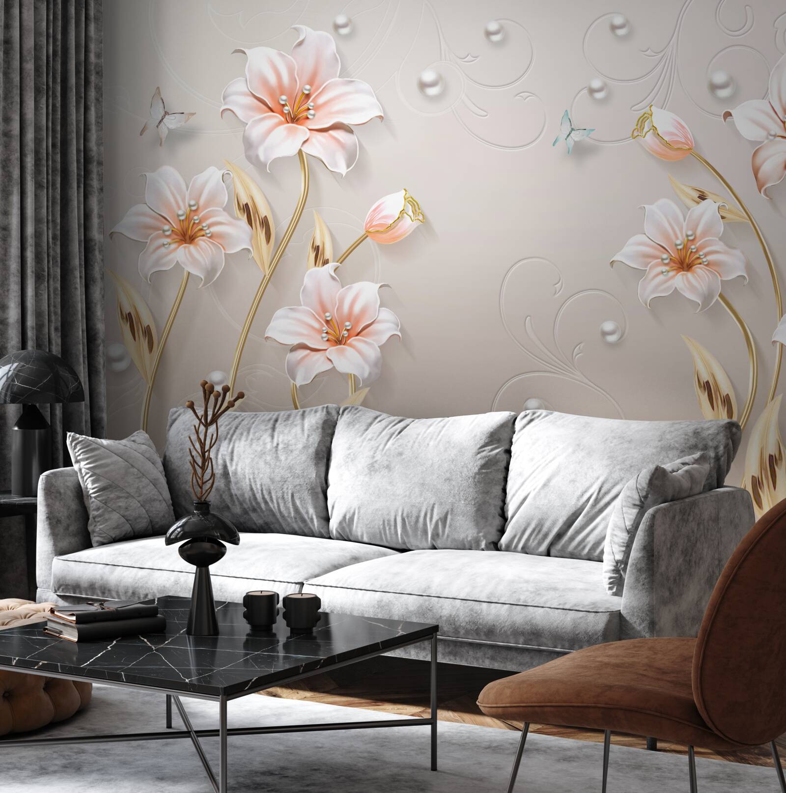 Фотошпалери квіти з металу та перламутру