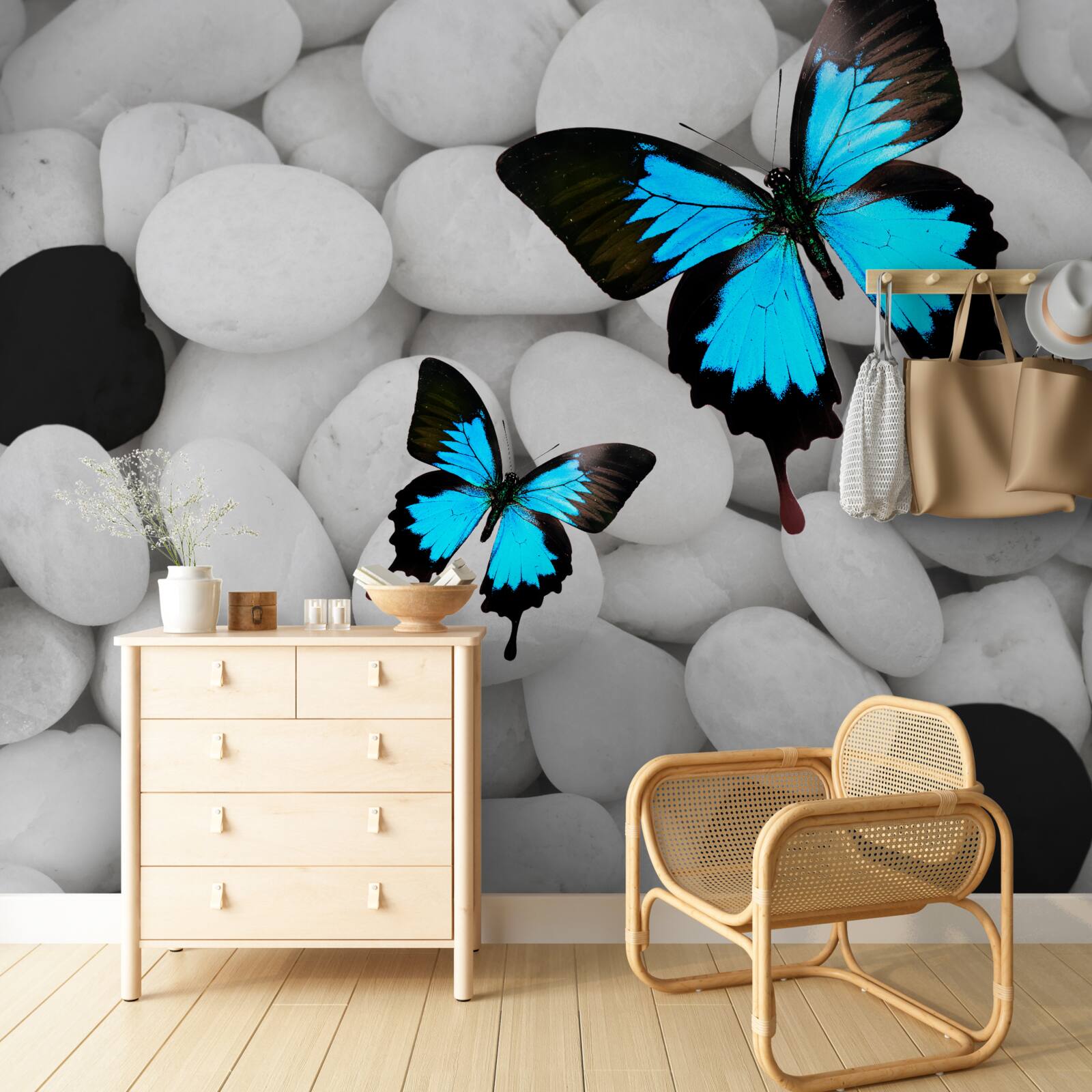 Фотошпалери різнокольорові метелики на яскравих каменях