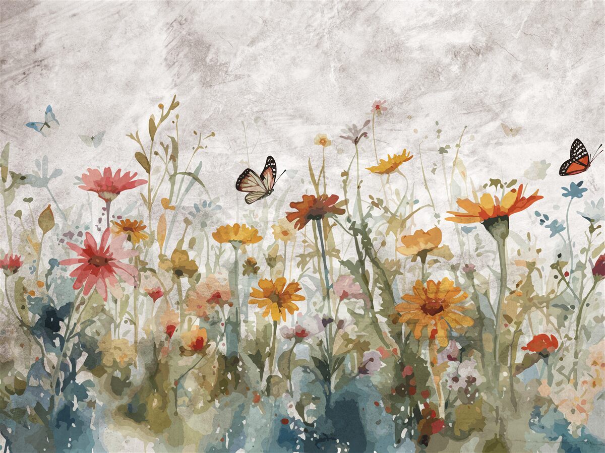 Фотошпалери квіти з метеликами на світанку