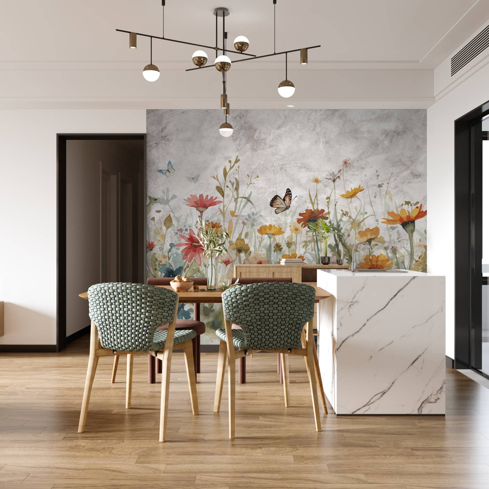 Фотошпалери квіти з метеликами на світанку