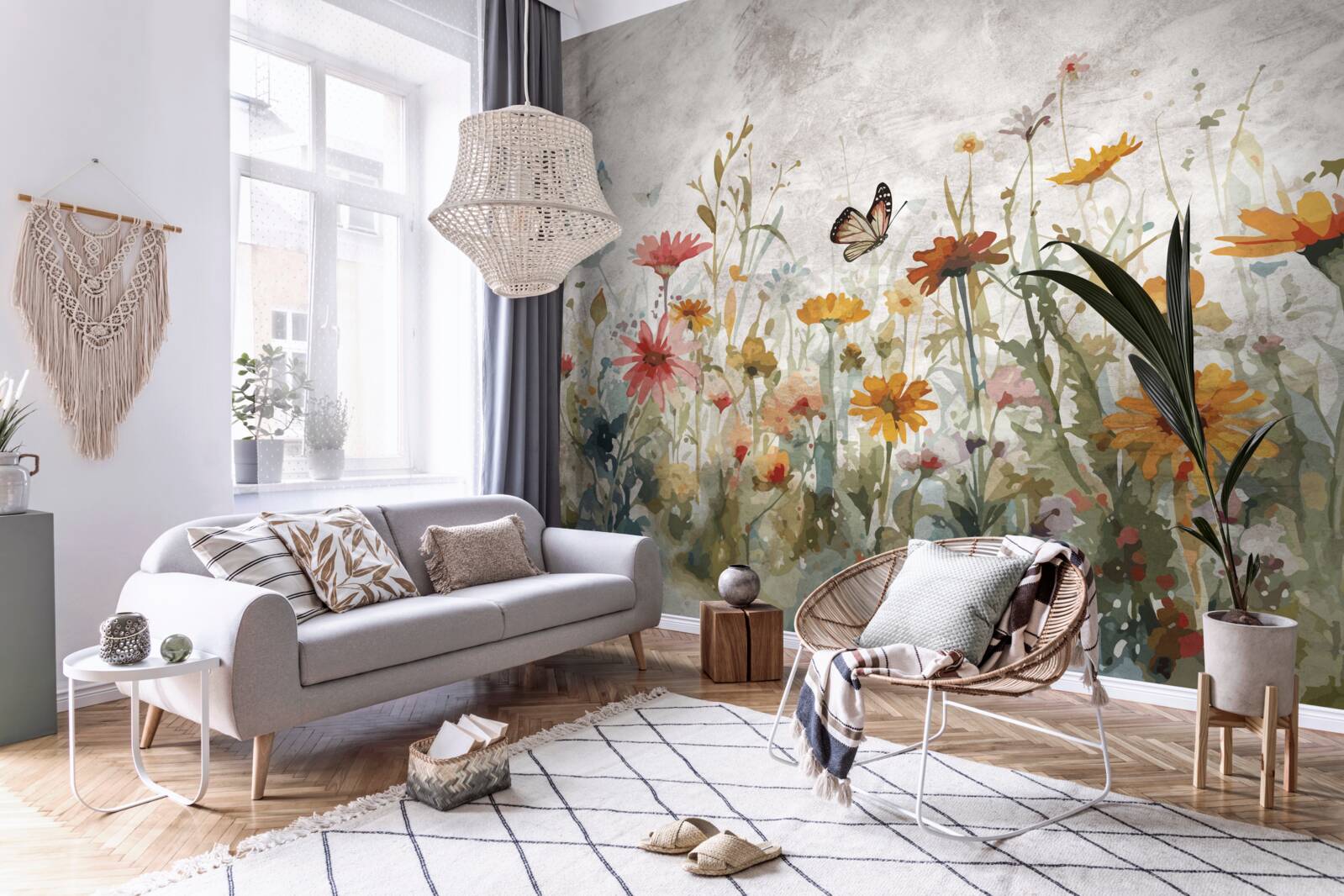 Фотошпалери квіти з метеликами на світанку