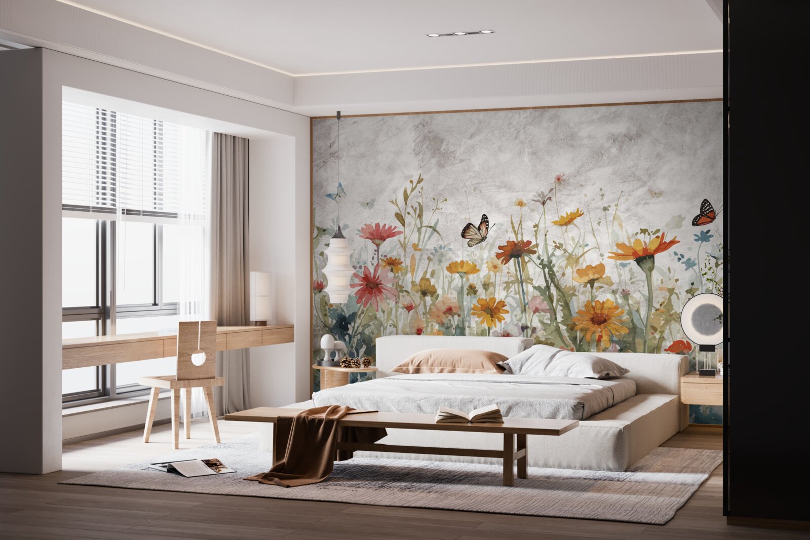 Фотошпалери квіти з метеликами на світанку